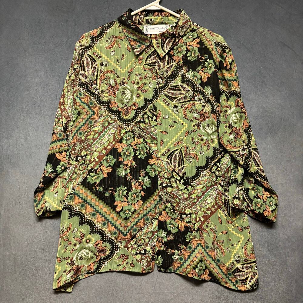 Sarah Bentley XL Green Paisley Floral Crinkle Button Front Blouse Vintage Boho